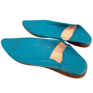 Moroccan Babouche Slippers‎ Turquoise Leather Pointed Toe Handmade Sz 7